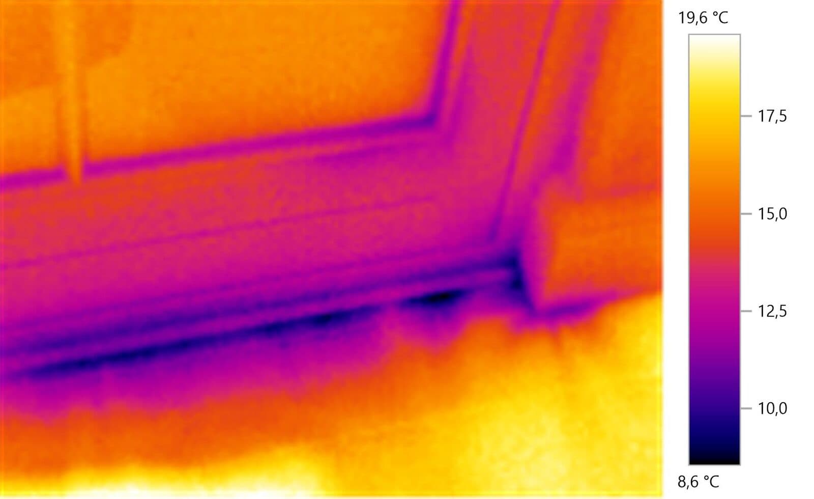 Thermographie d'un châssis : fuite d'air froid le long du bas du dormant